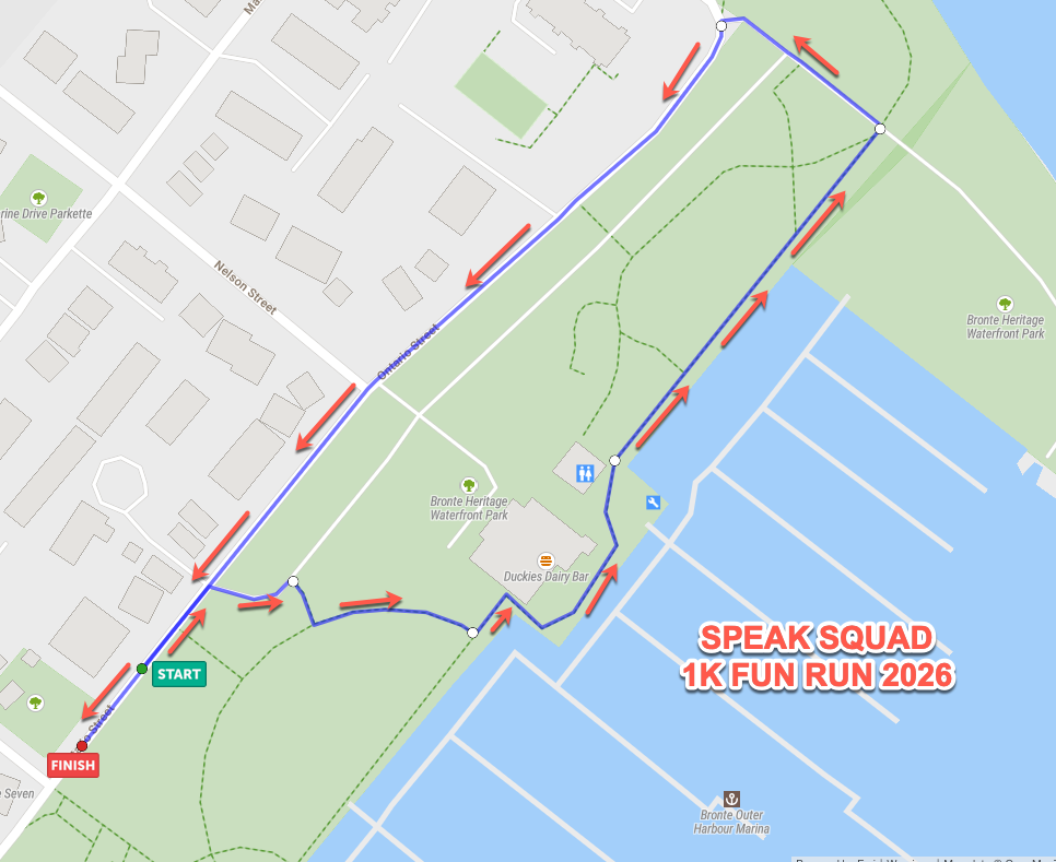 Speak Squad Kids 1K Fun Run route map showing the short paved loop inside Bronte Heritage Waterfront Park along the Bronte waterfront, Oakville Ontario