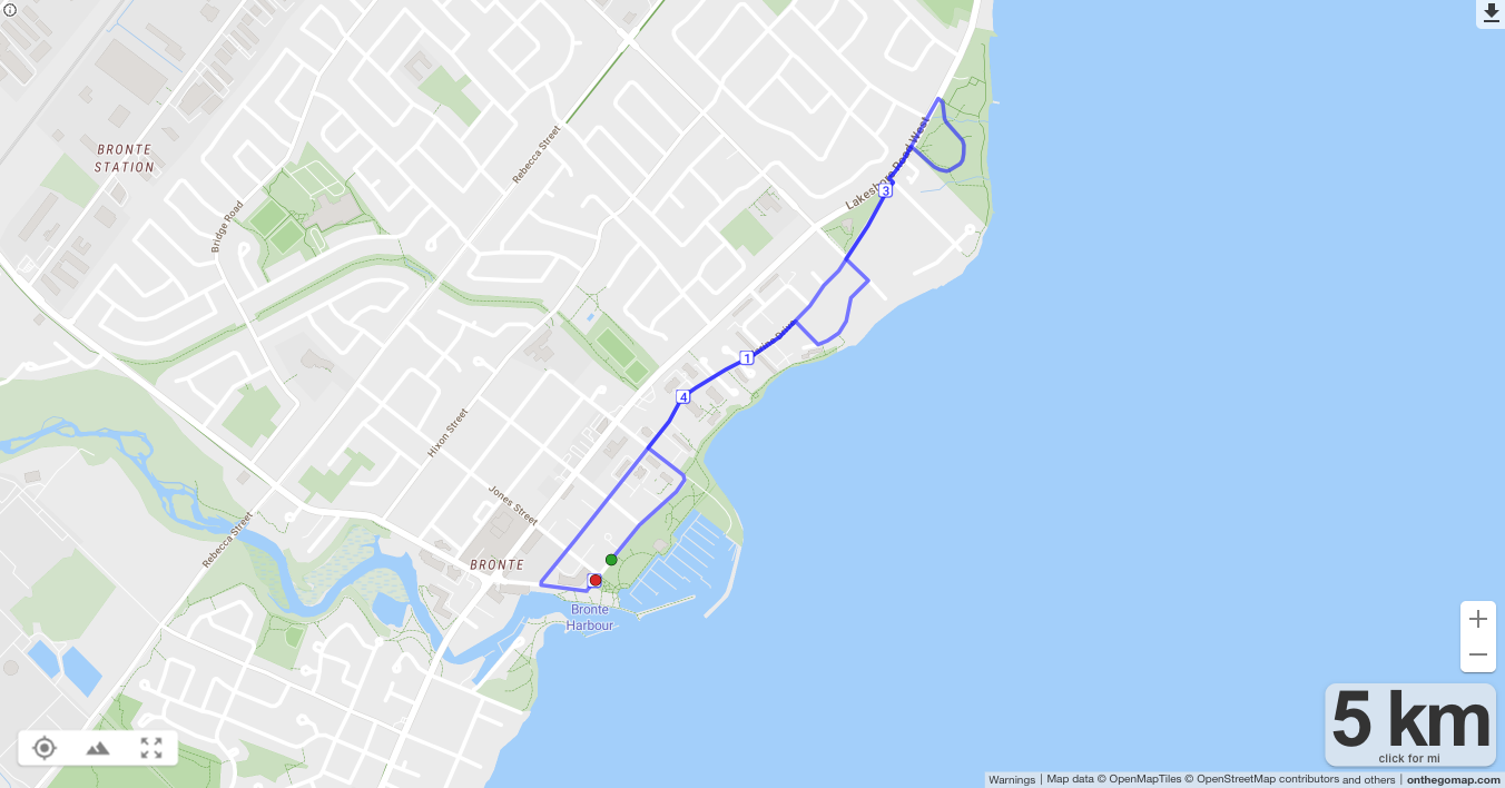 Bronte Harbour Classic 5K course map showing the full route through Bronte Harbour, Marine Drive, Lakeshore Road, and Coronation Park loop, Oakville Ontario