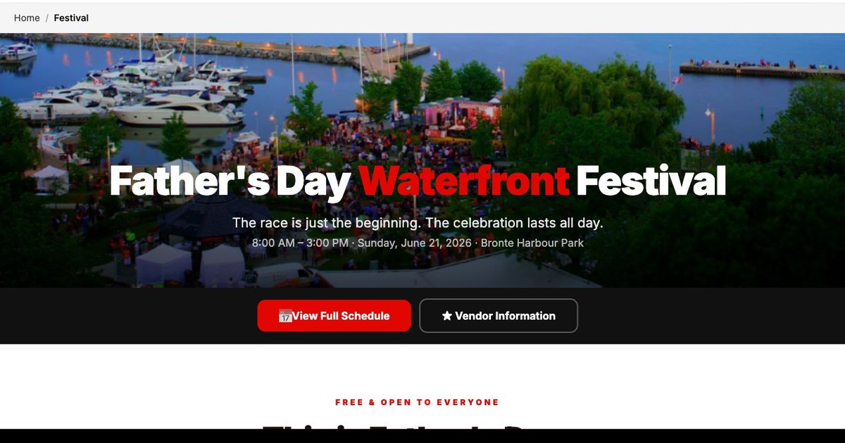 Aerial view of Bronte Harbour Park at dusk — Oakville's Father's Day waterfront race and festival on Lake Ontario