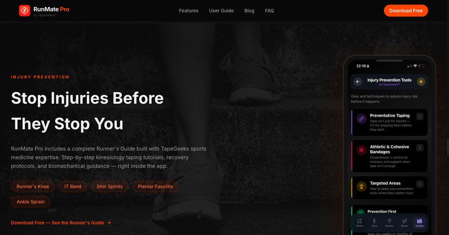 RunMate Pro injury prevention tools screen showing TapeGeeks-powered guidance for Runner's Knee, IT Band, Shin Splints, Plantar Fasciitis, and Ankle Sprain