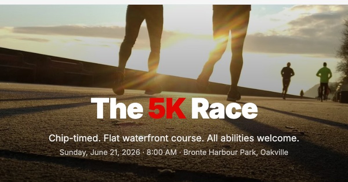 Runners on the waterfront trail at Bronte Harbour Park, Oakville — early morning race start at Lake Ontario