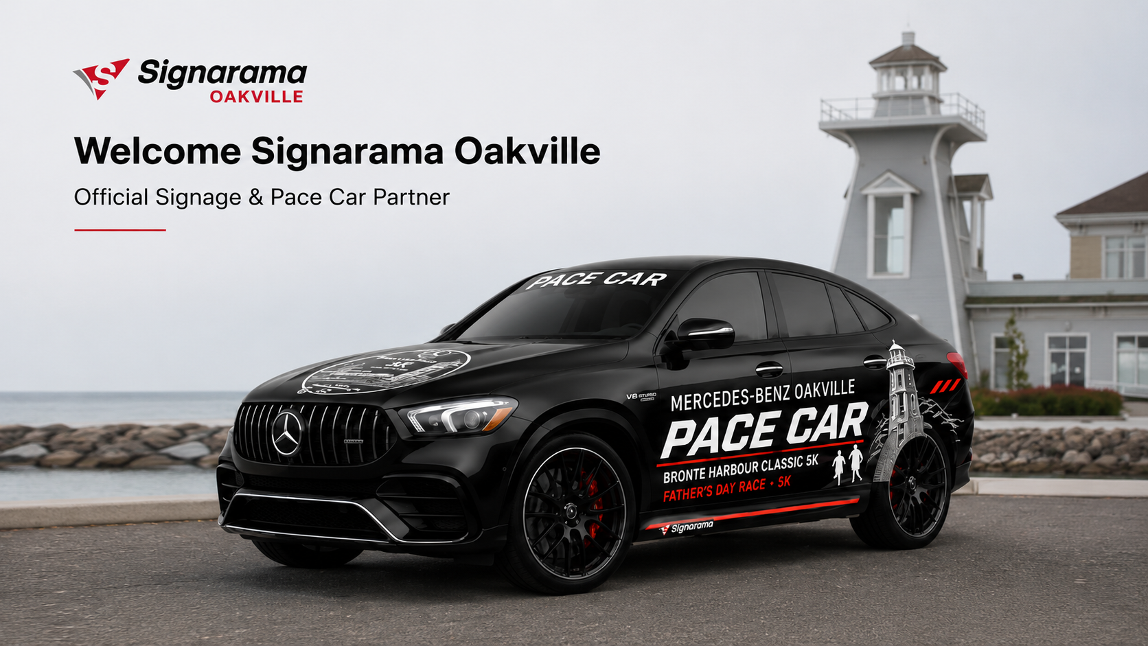Signarama Oakville pace car render — Mercedes-Benz AMG wrapped for the Bronte Harbour Classic 5K, Father's Day 2026
