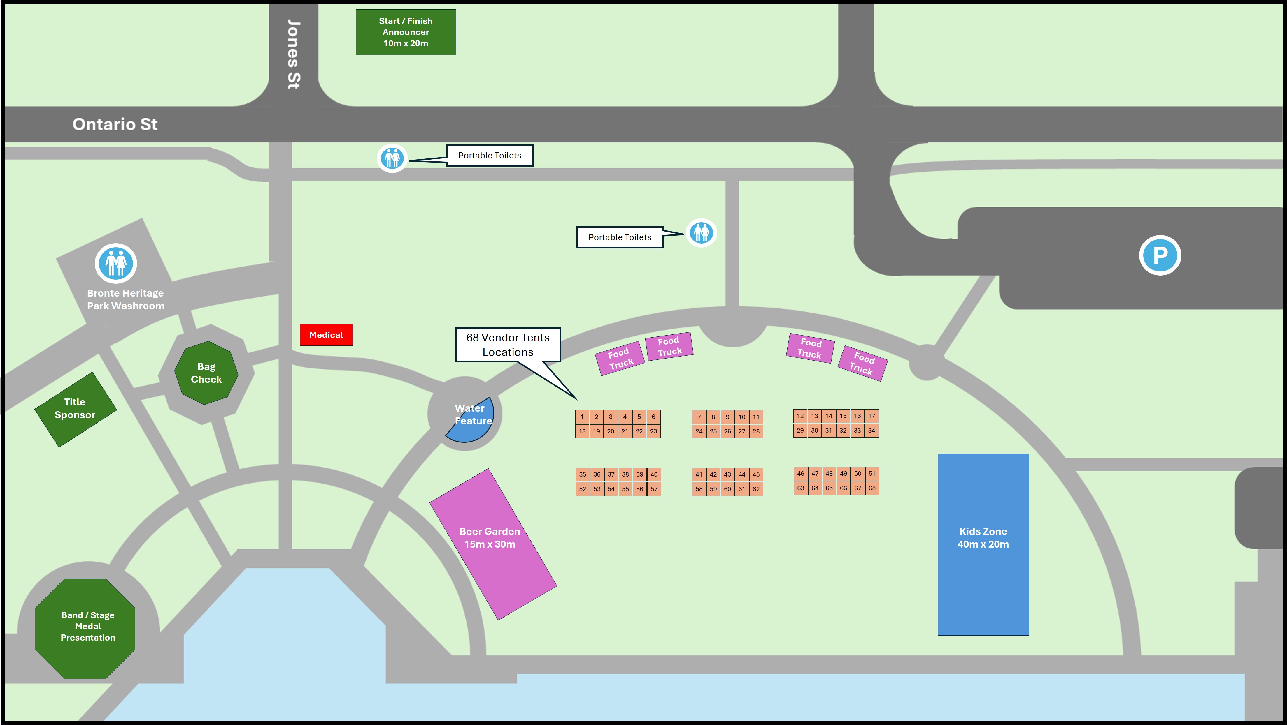Bronte Heritage Waterfront Park event layout for June 21 2026 — showing 68 vendor booth locations, food trucks, beer garden, kids zone, band stage, start/finish line, bag check, medical station, and parking