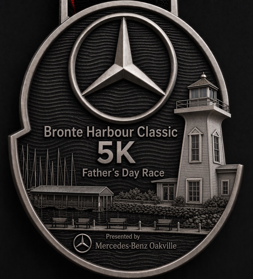 The 2026 Bronte Harbour Classic finisher medal — pewter, with the Bronte lighthouse and harbour
