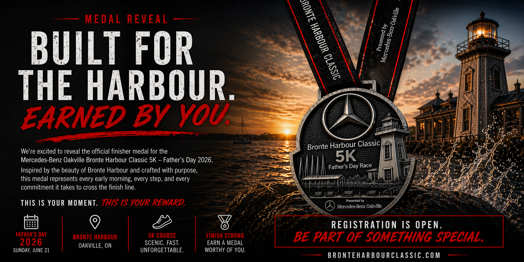 Medal reveal — Built for the Harbour. Earned by You. — Mercedes-Benz Oakville Bronte Harbour Classic 5K 2026