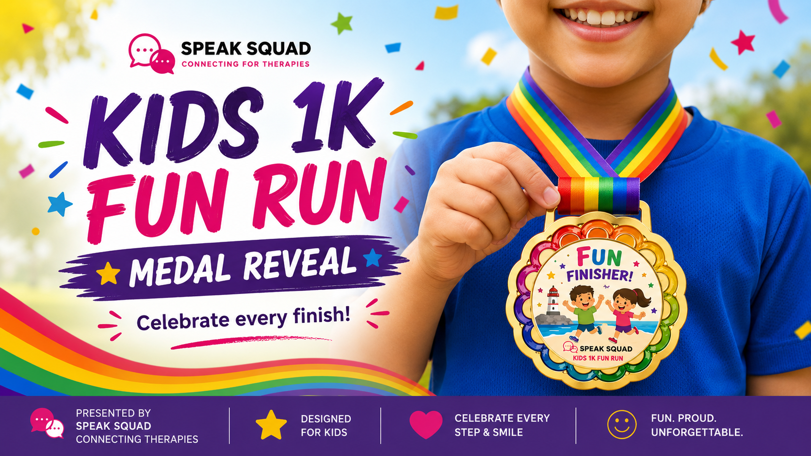 Child holding the Speak Squad Kids 1K Fun Run finisher medal — gold medal with rainbow ribbon and Fun Finisher design, Bronte Harbour Classic 2026, Oakville Ontario