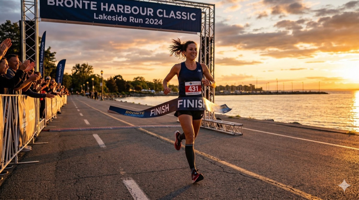 Female runner crossing the finish line at the Bronte Harbour Classic 5K, Bronte Harbour Park, Oakville, with Lake Ontario sunset in the background