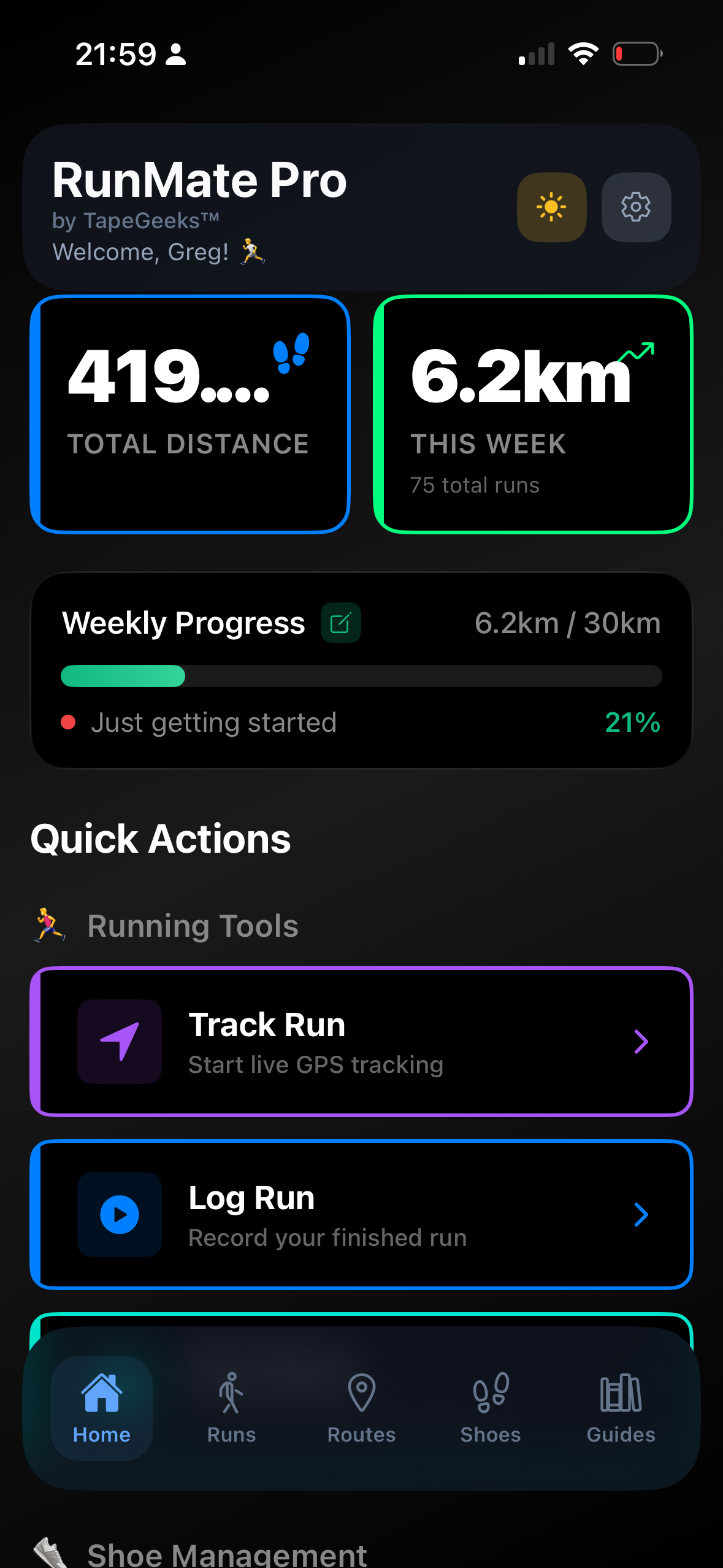 RunMate Pro home dashboard
