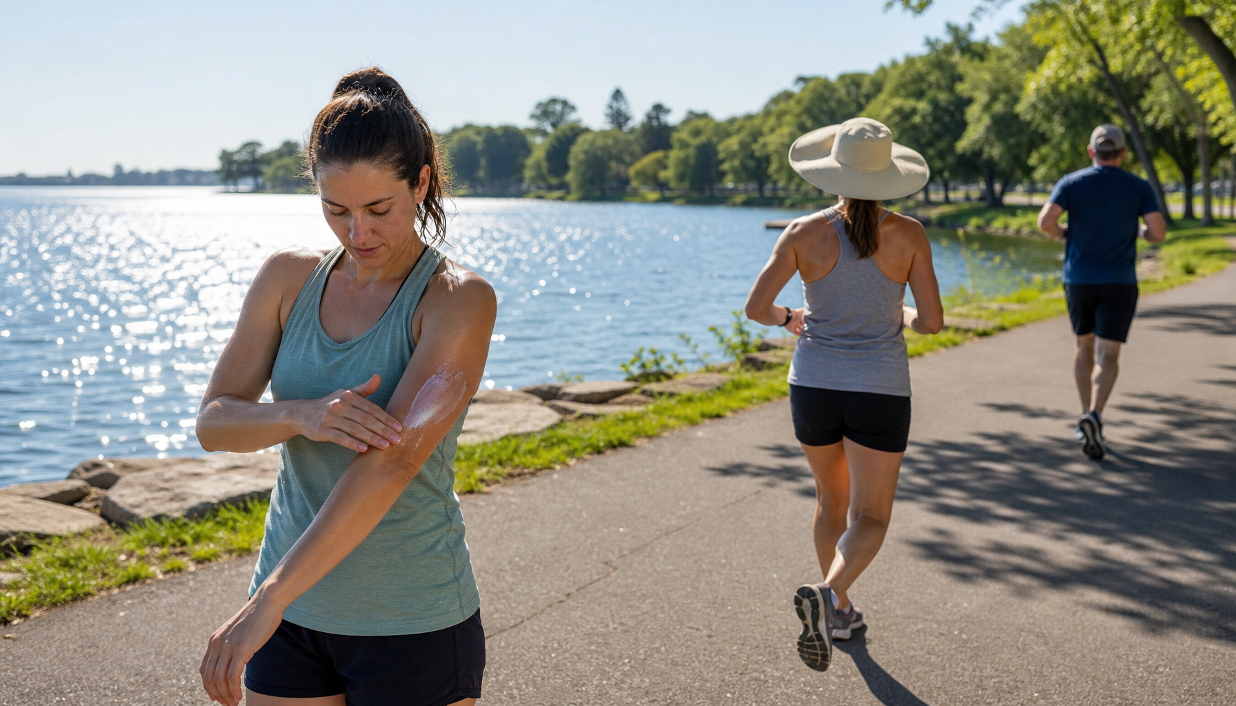 Runner applying sunscreen on a sunny lakeside waterfront path, another runner in a wide-brim sun hat behind — UV safety for outdoor runners, Oakville June 2026