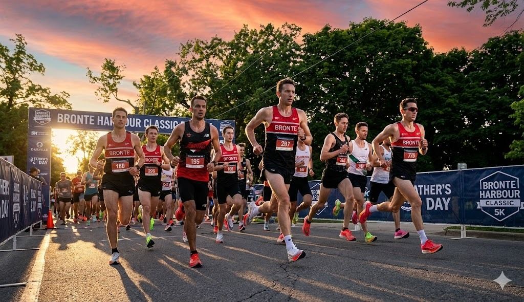 Bronte Runners club members running past the start banner under a dramatic sunrise sky at the Mercedes-Benz Oakville Bronte Harbour Classic 5K, Oakville