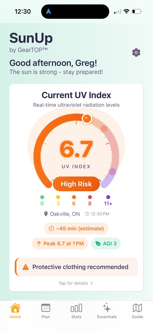 SunUp app showing UV Index 6.7 High Risk in Oakville Ontario at 12:30 PM on May 23 2026 — real-time UV reading with 45 minute burn time estimate and AQI 3, protective clothing recommended